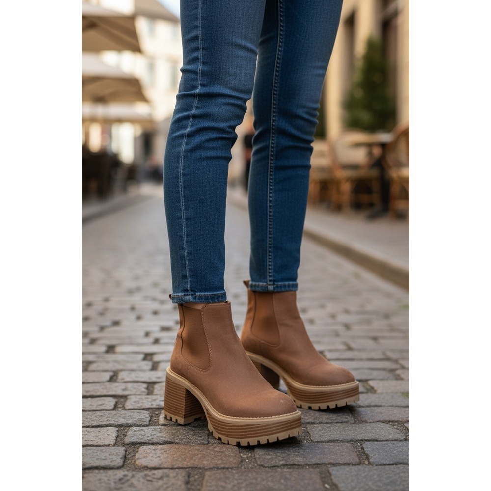 Tan Faux Leather Platform Chelsea Boots Block Heel Lug Sole‎ Brown Size 7.5